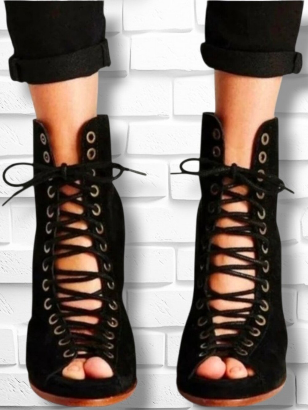 Jeffrey Campbell Free Love Lace-Up Peep Toe Booties Sz 8 NWOB Block Heel